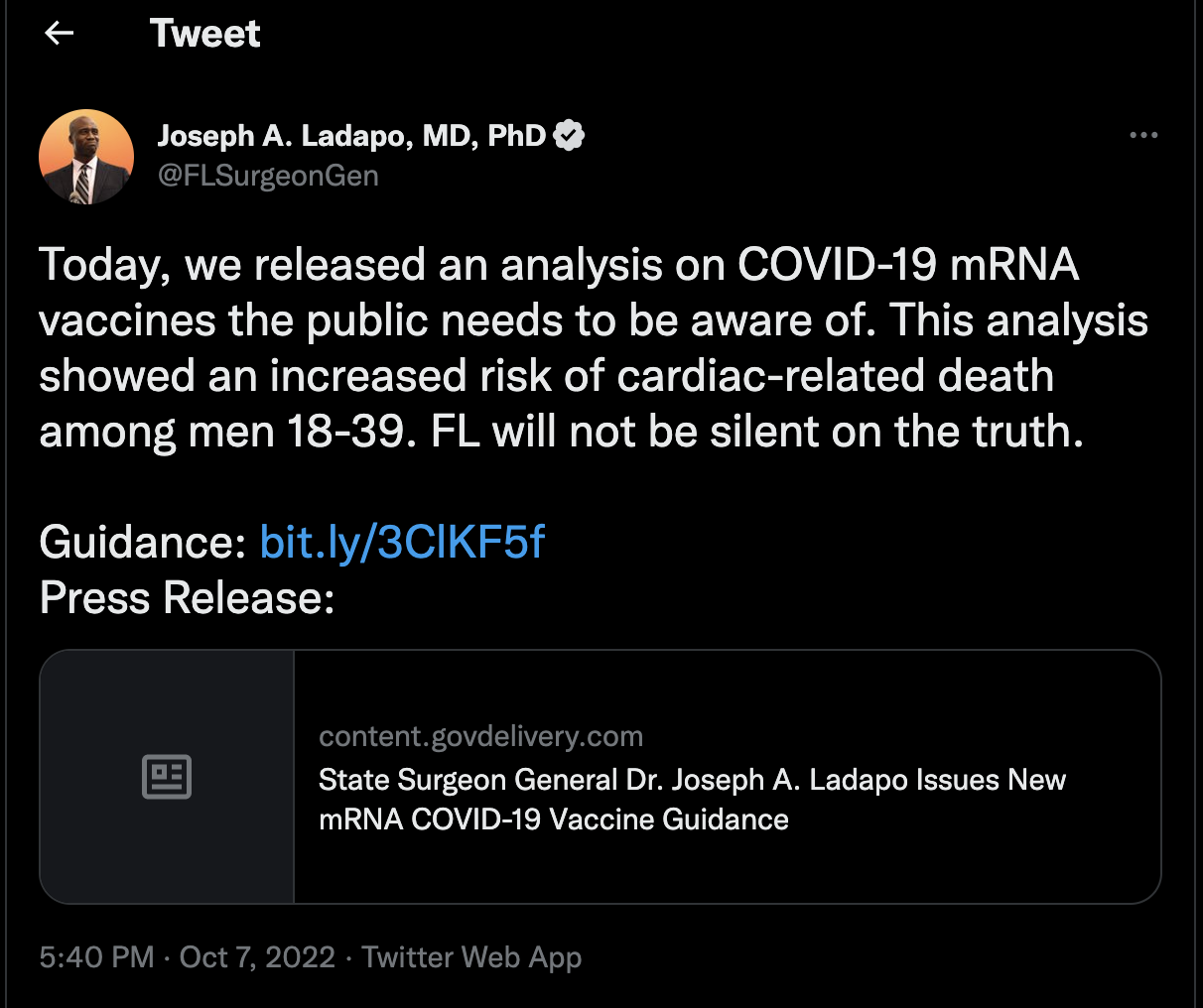 State Surgeon General Dr. Joseph A. Ladapo Issues New mRNA COVID-19 Vaccine Guidance